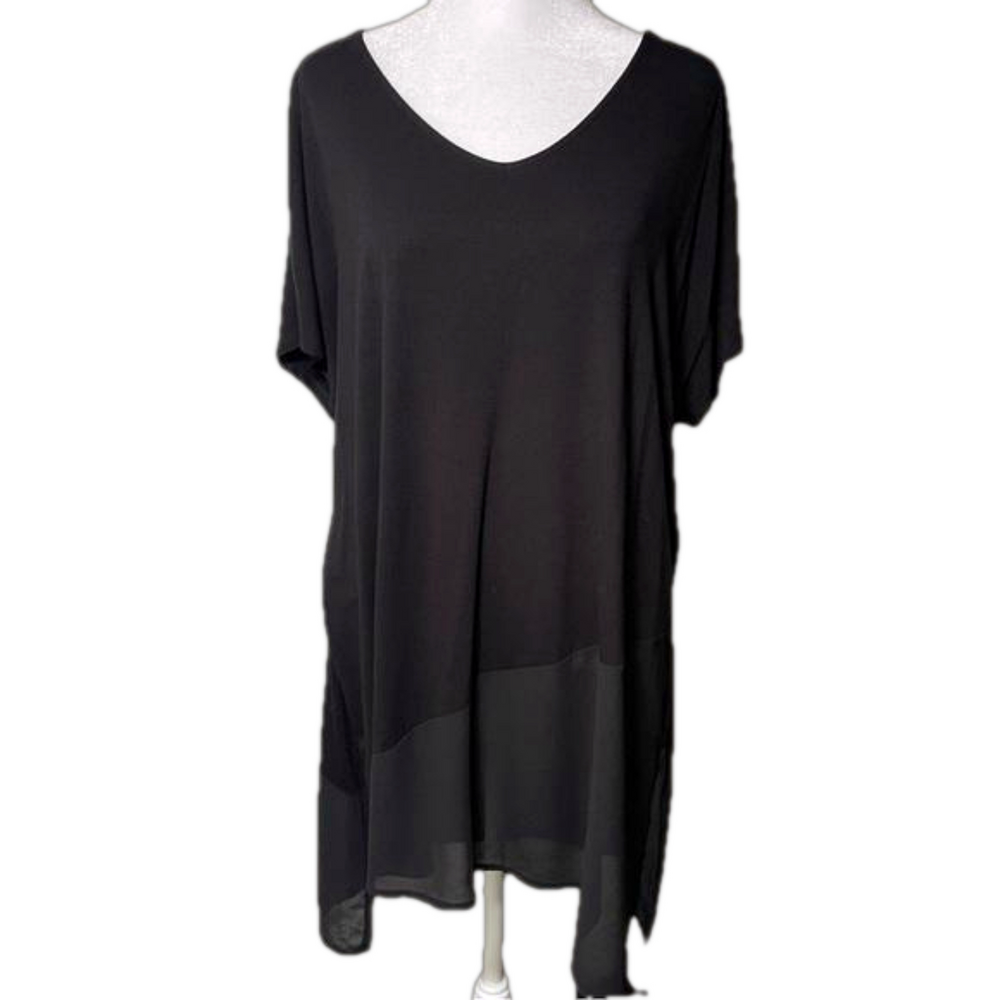 Chico’s V-Neck Short Cap Sleeve Sheer Chiffon Asymmetric Hem Tunic Black XL